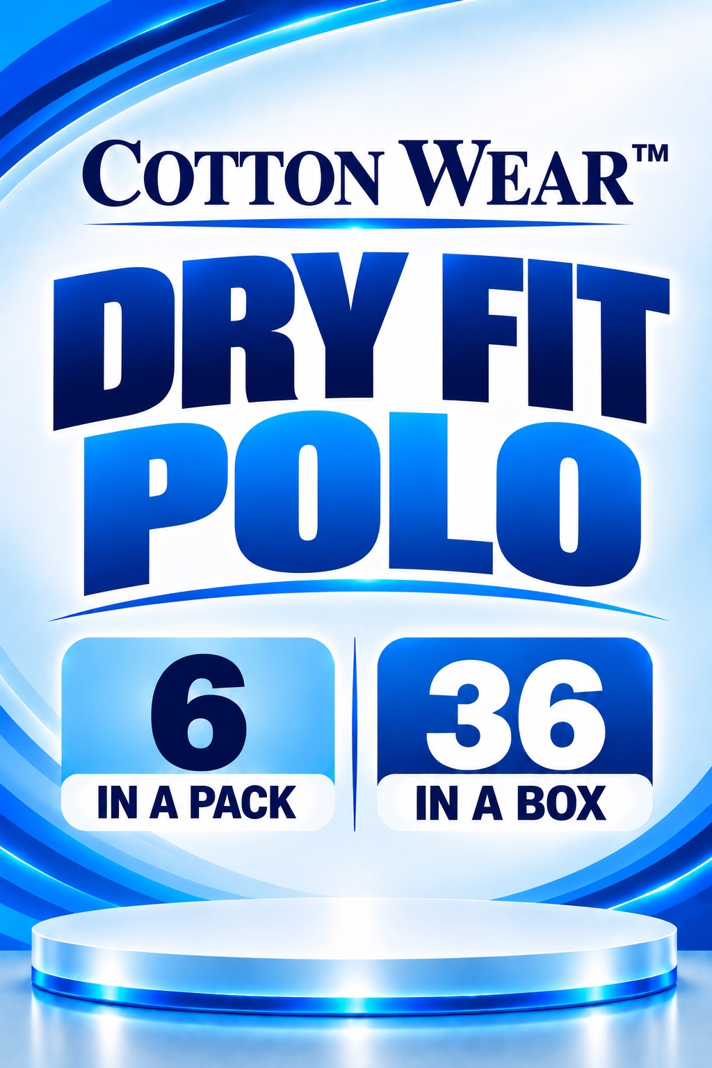 Cotton Wear Dry Fit Polo packaging — 6 in a pack, 36 in a box
