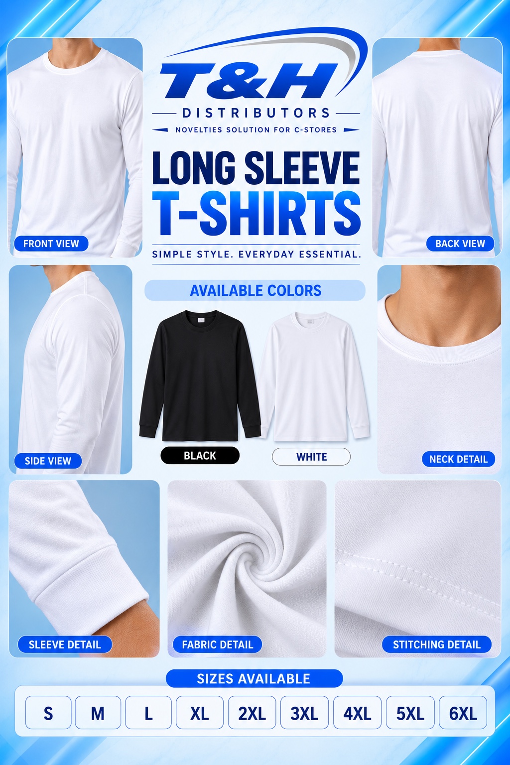 Cotton Wear Long Sleeve T-Shirt complete collection — front, back, side, colors, fabric detail and sizes