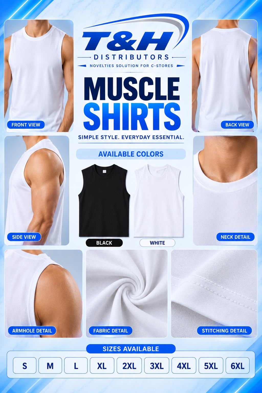 Cotton Wear Muscle Shirt complete collection — front, back, side, colors, fabric detail and sizes