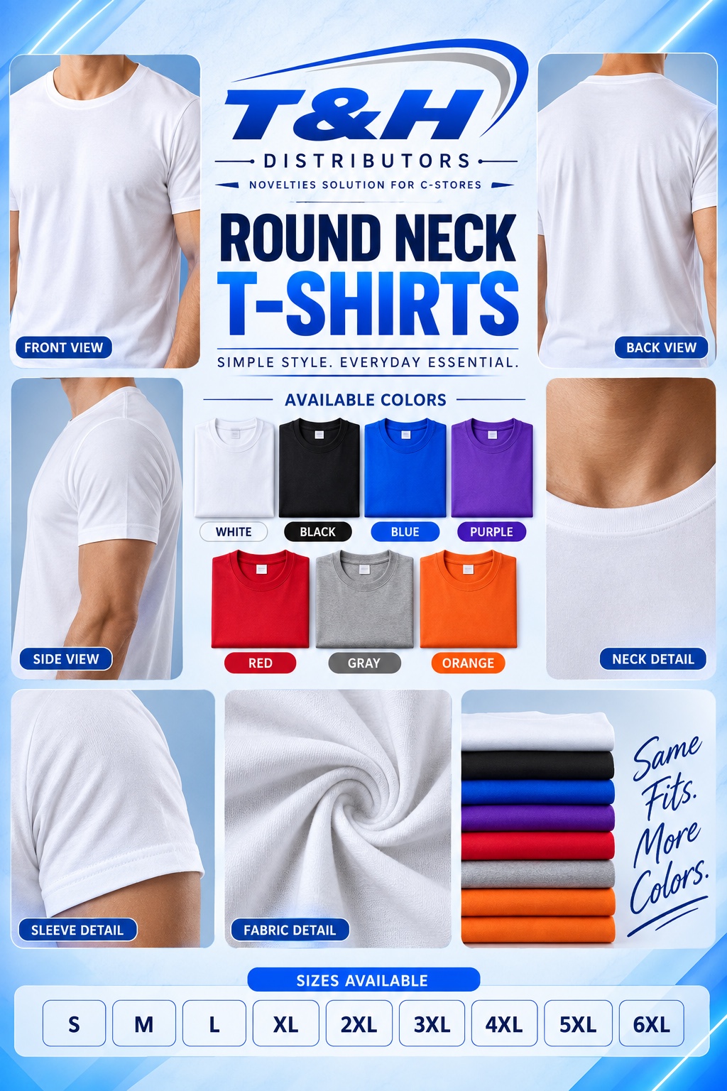 Cotton Wear Round Neck T-Shirt complete collection — front, back, side, colors, fabric detail and sizes