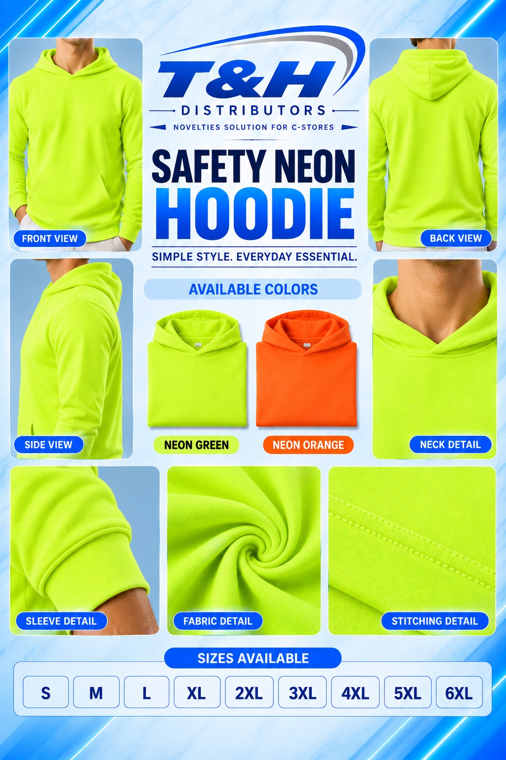 Cotton Wear Safety Neon Hoodie complete collection — front, back, side, colors, fabric detail and sizes