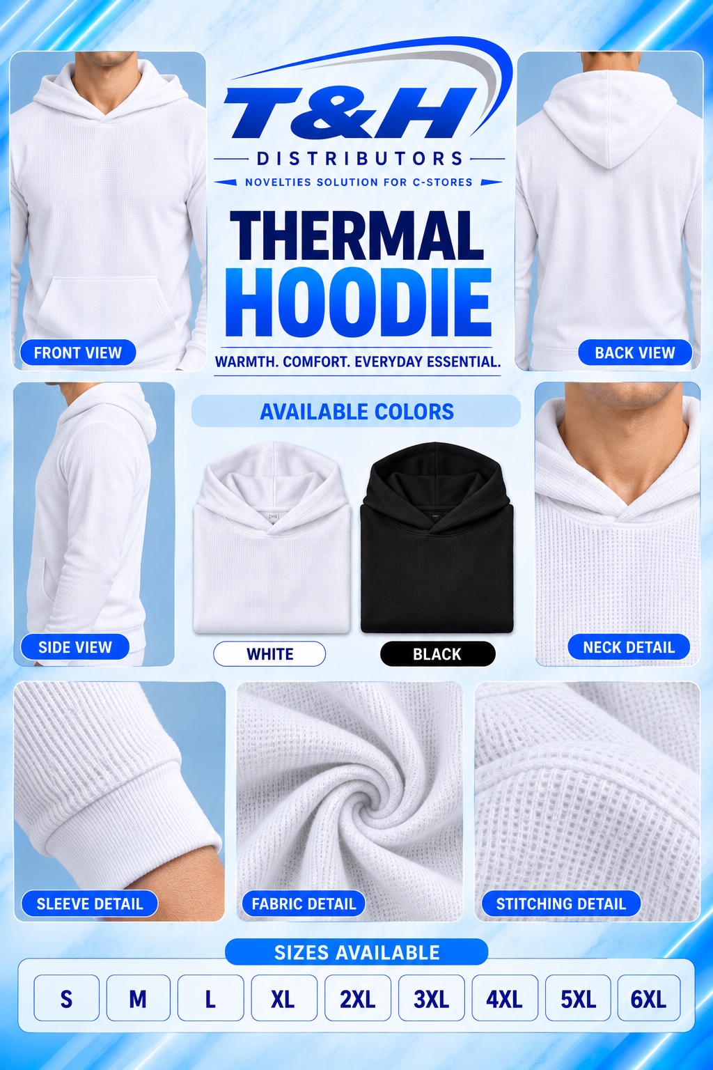 Cotton Wear Thermal Hoodie complete collection — front, back, side, colors, fabric detail and sizes