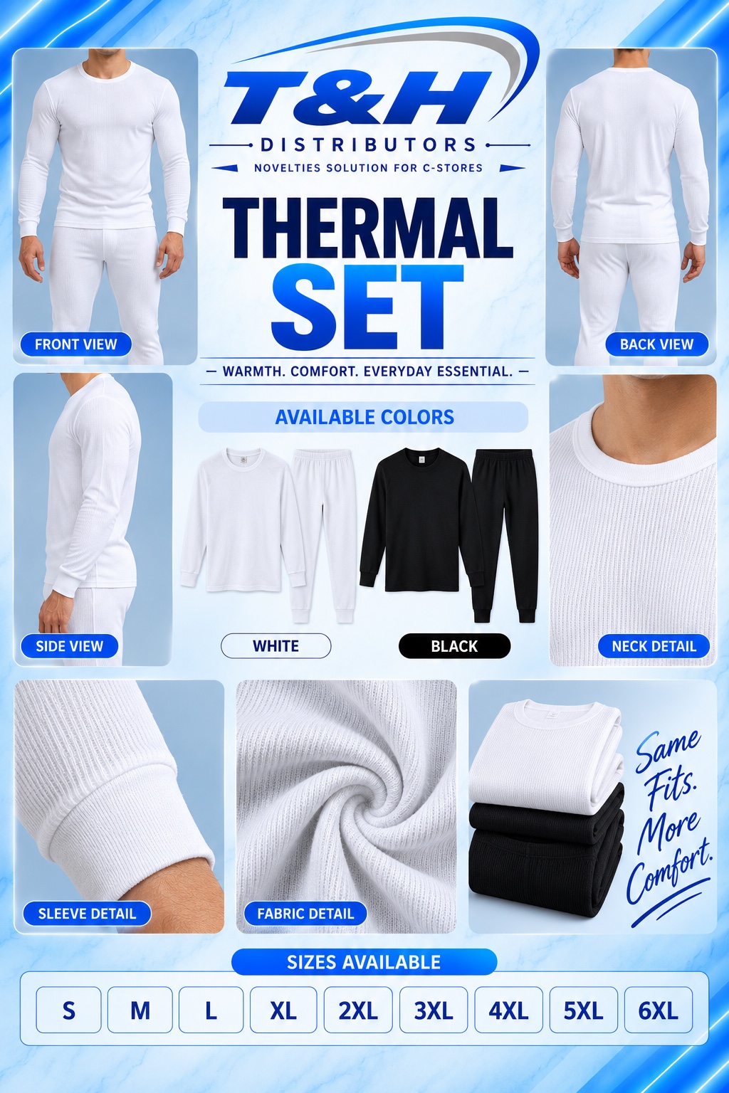 Cotton Wear Thermal Set complete collection — front, back, side, colors, fabric detail and sizes