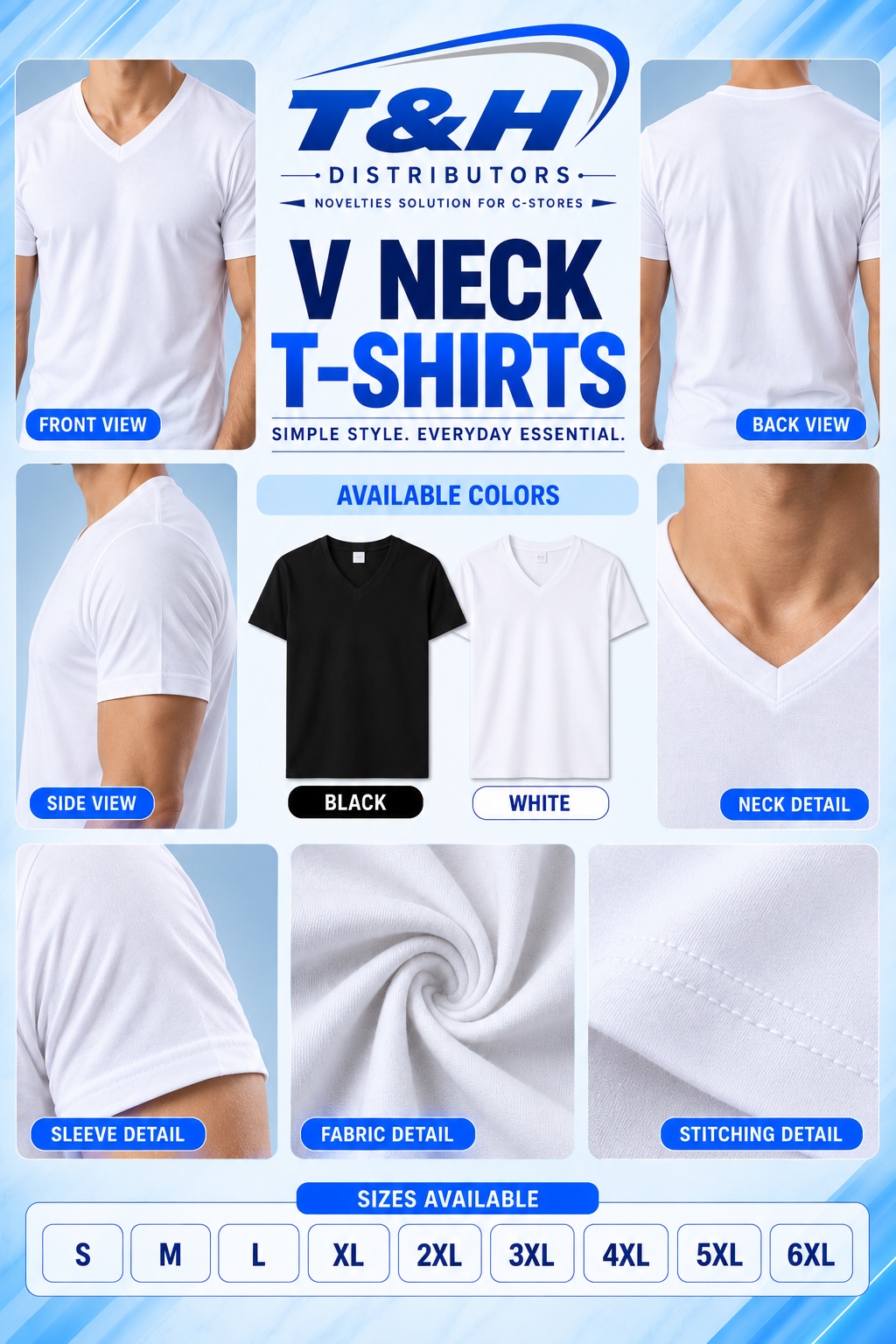 Cotton Wear V-Neck T-Shirt complete collection — front, back, side, colors, fabric detail and sizes