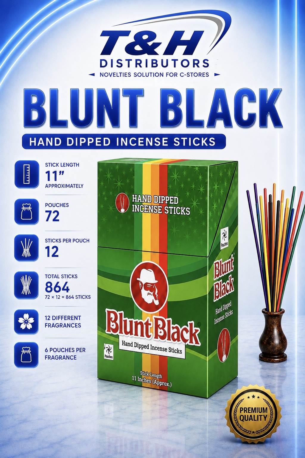 Blunt Black hand dipped incense sticks, 11 inch, 72 pouches of 12 sticks