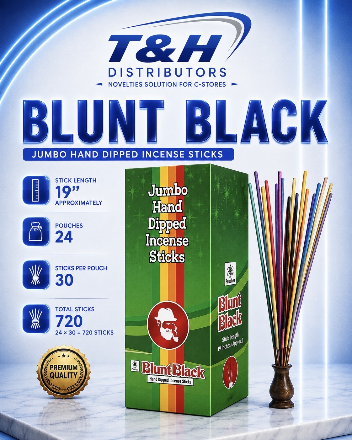 Blunt Black jumbo hand dipped incense sticks, 19 inch, 24 pouches of 30 sticks