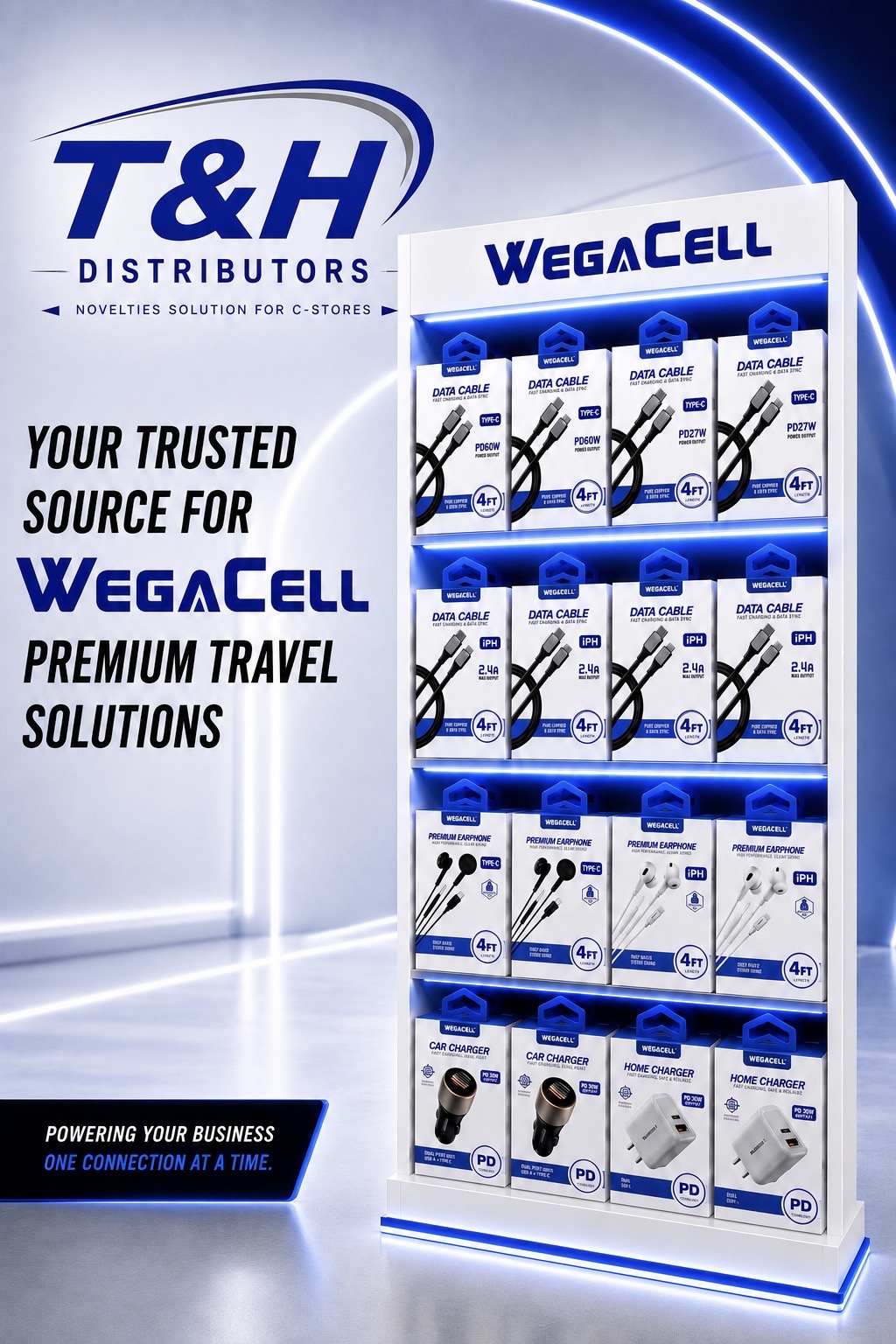 WegaCell premium travel accessories display — data cables, earphones, car and home chargers
