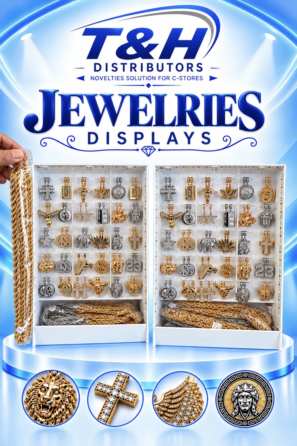 Jewelry display cases with pendants and chains