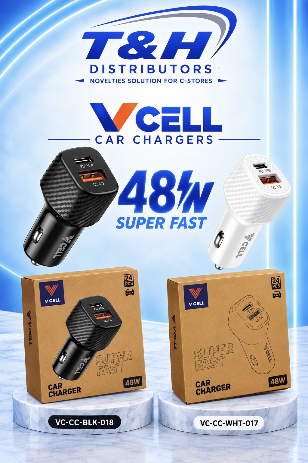 VCell 48W super-fast car charger, black and white, 24-piece box