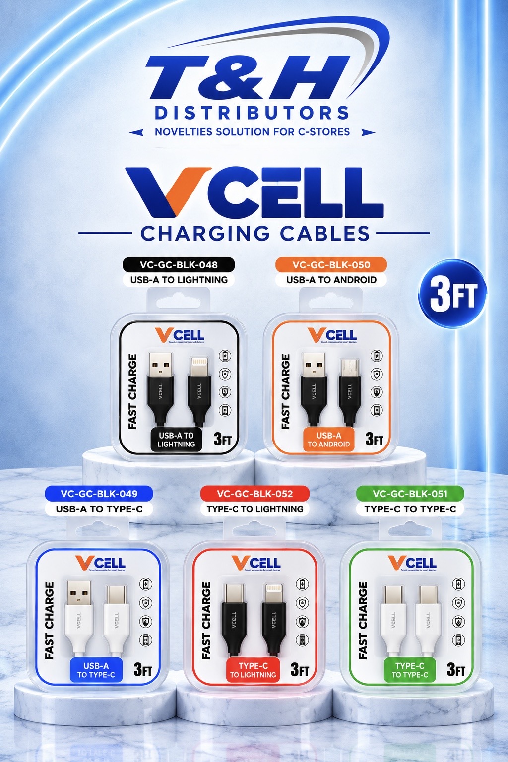 VCell 3 ft charging cables — USB-A and USB-C to Lightning, Android and Type-C