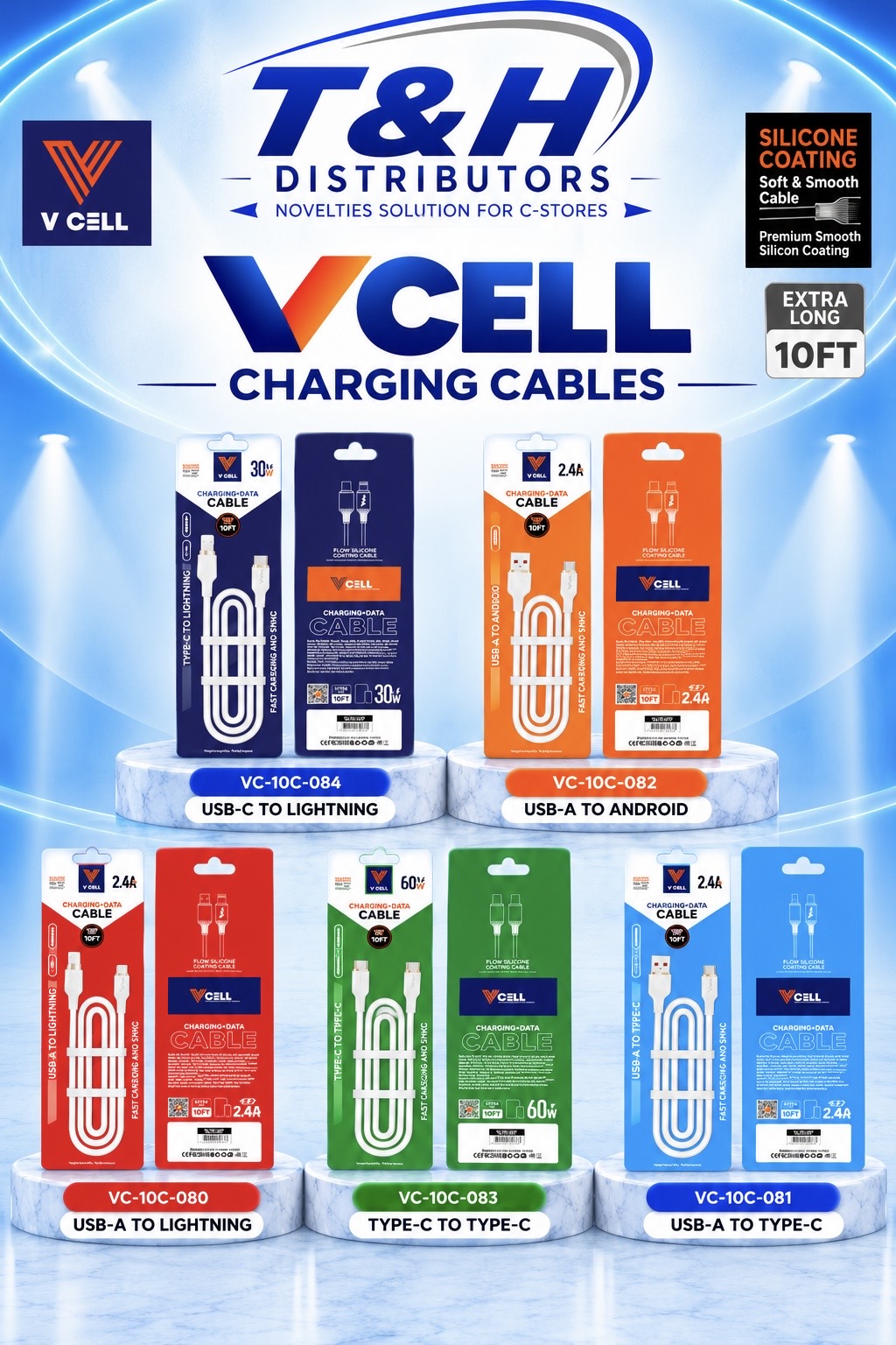 VCell 10 ft extra-long charging cables — USB-A and USB-C to Lightning, Android and Type-C