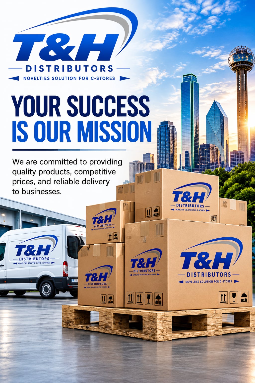 T&H Distributors — Your Success Is Our Mission, boxes staged on a pallet outside the Dallas warehouse